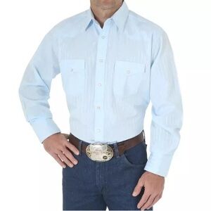 Wrangler western pearl snap yoke back cowboy shirt light blue tone stripes SMALL